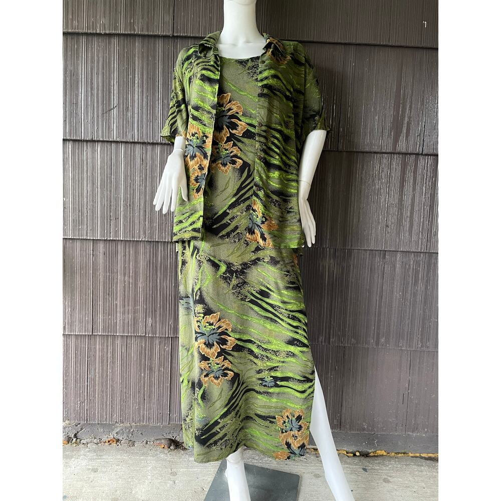🔥2 Pc Caribou hibiscus tropical Hawaiian zebra print green blouse & maxi dress